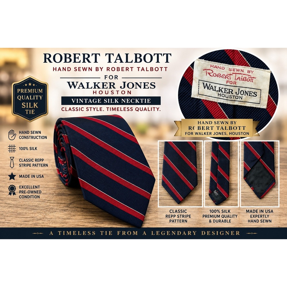 Robert Talbott Vintage Silk Necktie Nvy Red Repp Stripe Walker Jones Houston USA